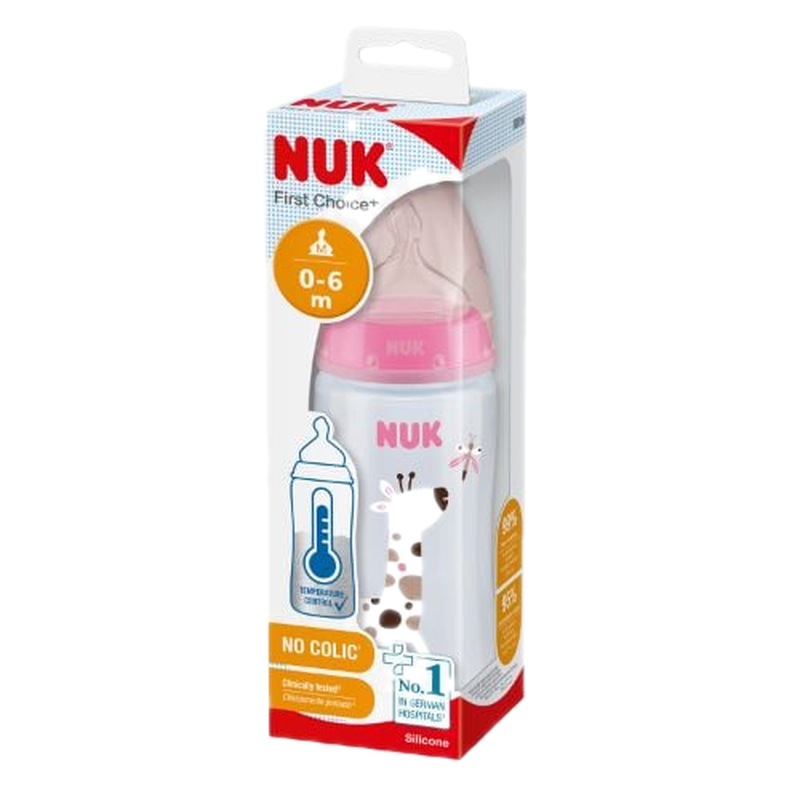 Mamadera Nuk First Choice Con Tetina Silicona Control Temperatura Rosa 300 Ml