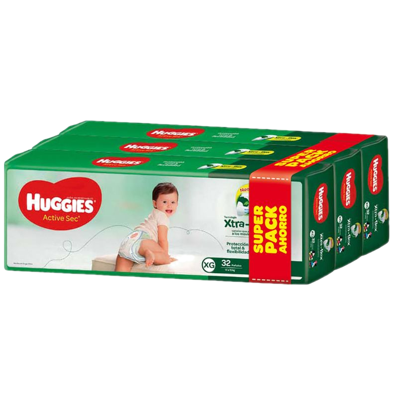 Tripack Pañales Huggies Active Sec Talle Xg. 96 Unidades
