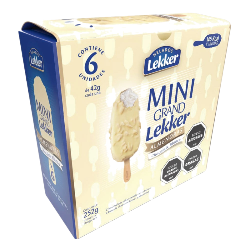 Helado Mini Grand Lekker Pack Crema Cobertura Chocolate Blanco Y Almendras 6 Unidades