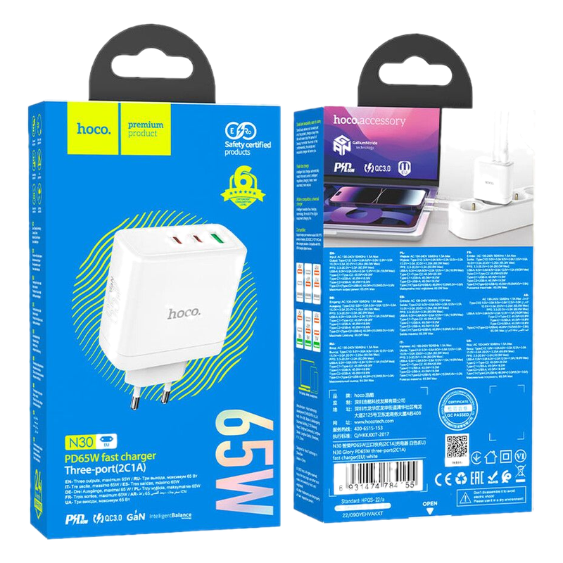 Cargador De Pared Hoco N30 65 W Usb-c + Usb-a Blanco