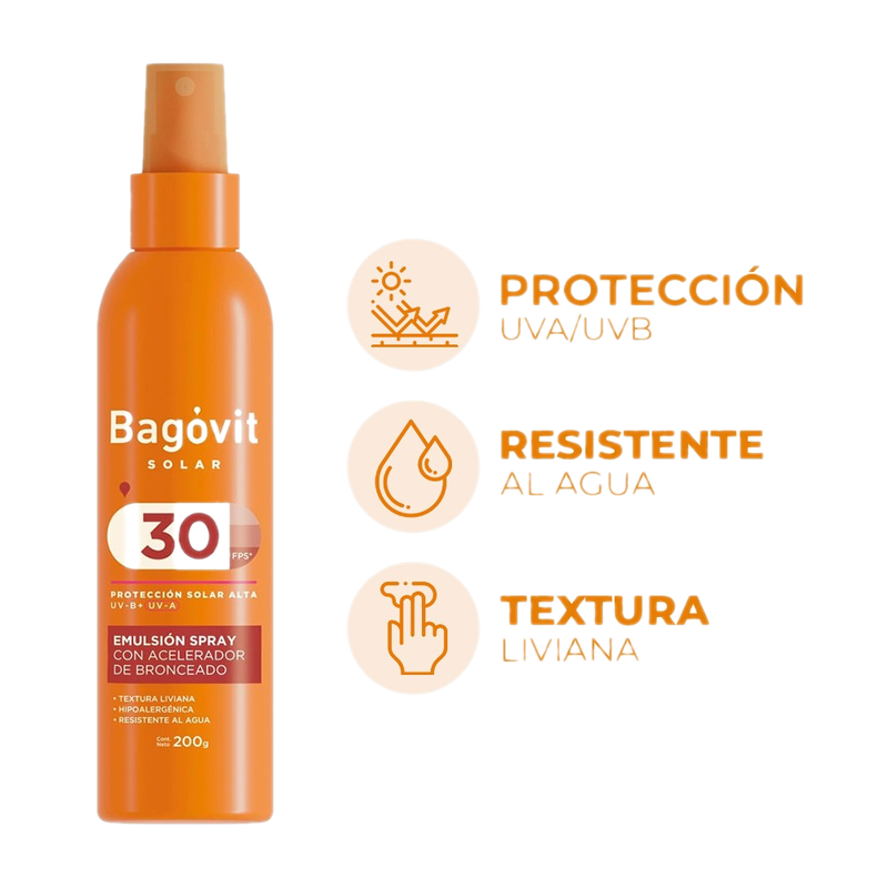 Protector Solar Bagovit Con Acelerador De Bronceado Spray Fps30 200 G