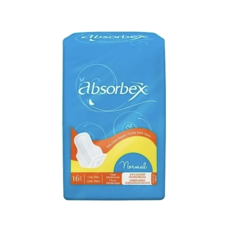 Toalla Absorbex Normal Con Alas Tela Extra Suave 16 Unidades