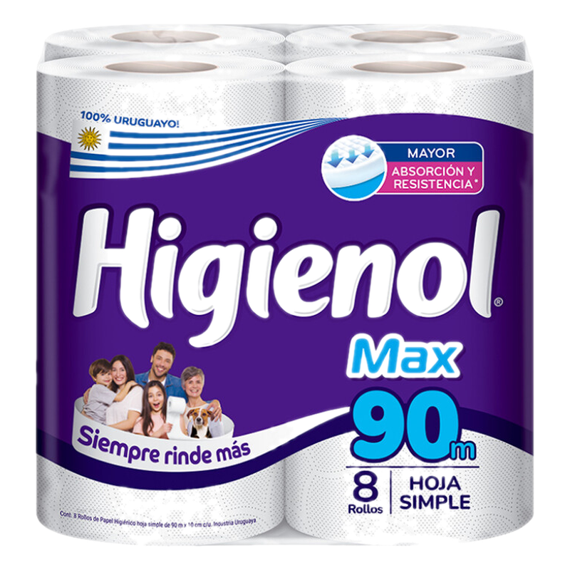 Papel Higiénico Higienol Max Hoja Simple 90 Mts 8 Unidades