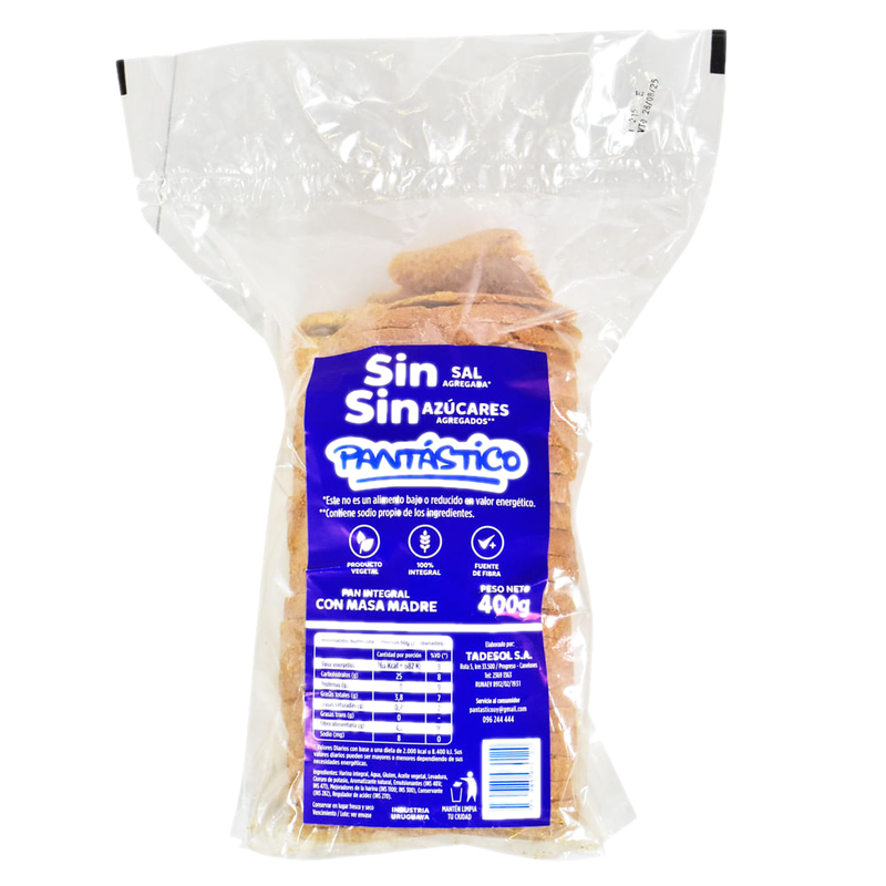Pan Integral Pantastico Sin Sal 400 G
