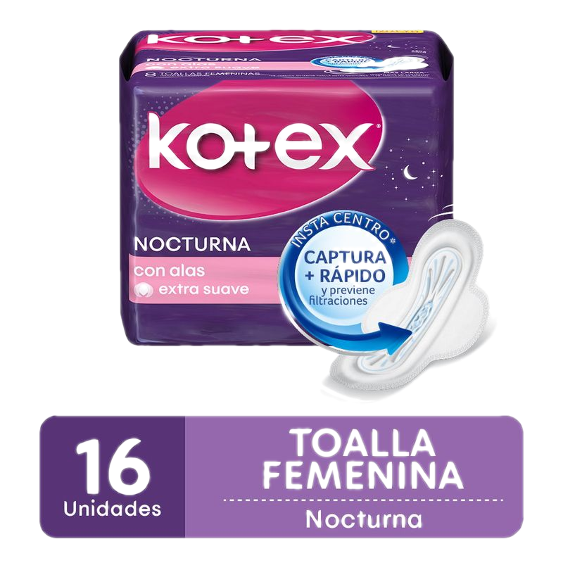 Toallas Femeninas Kotex Nocturna Con Alas Extra Suave Con 16 Unidades