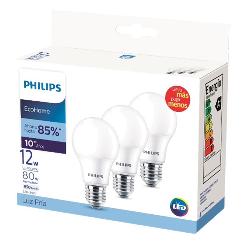 Lámpara Led Philips Ecohome 12w E27 6500khv Luz Fría Tripack 3 Unidades