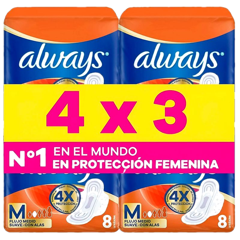 Pack 4 X 3 Toalla Femenina Always Maxi Diurna 8 Unidades