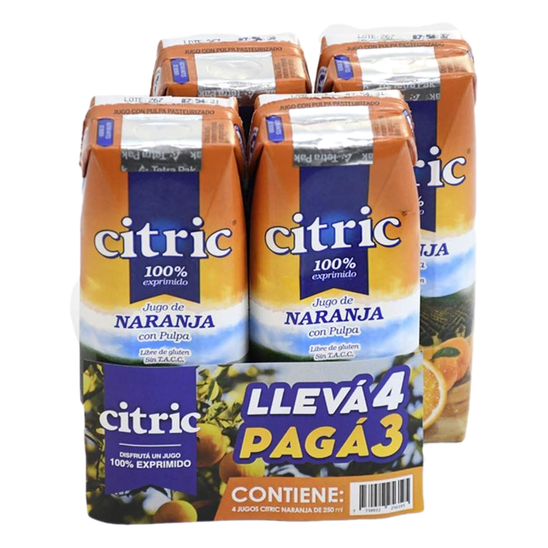 Pack 4 3 Jugo Citric Sabor Naranja 250 Ml