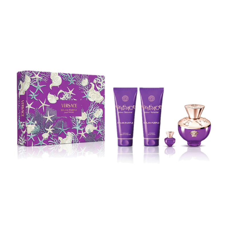 Cofre Versace Perfume Dylan Purple Femme Edp 100 Ml + Mini Talla 5 Ml + Loción Corporal 100 Ml + Gel De Ducha 100 Ml