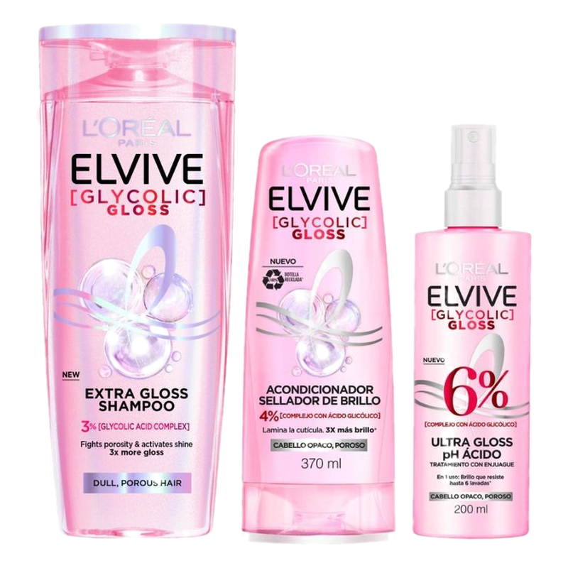 Pack ELVIVE Glycolic Gloss: Shampoo + Acondicionador + Mascarilla