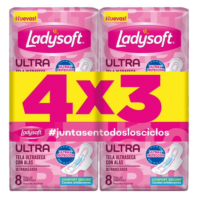 Pack 4x3 Toalla Femenina Ladysoft Ultradelgada Seca 8 Unidades