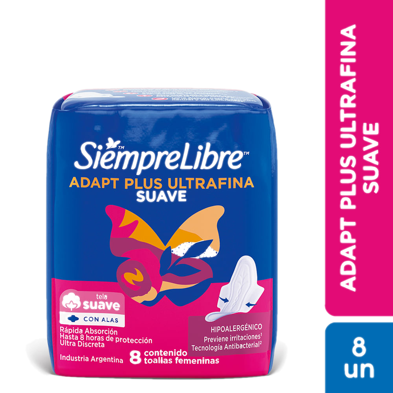 Toalla Femenina Siempre Libre Adapt Plus Ultrafina Con Alas 8 Unidades