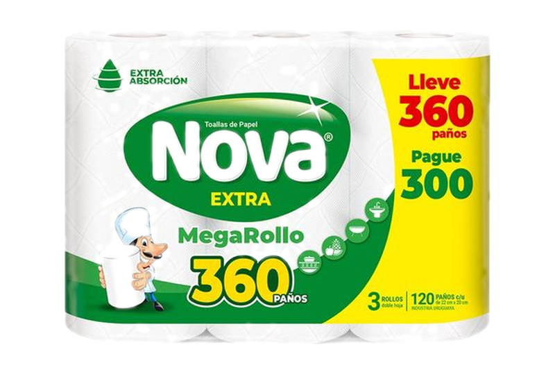 Toalla De Papel Nova Extra Megarrollo 3 Rollos 360 Paños