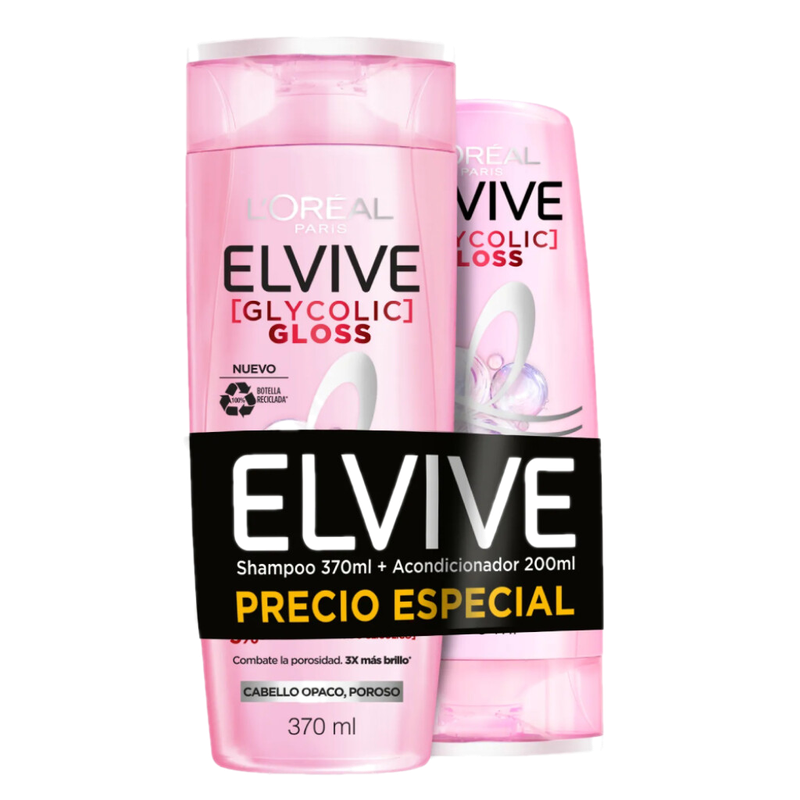Pack L'oréal Paris Elvive Glycolic Gloss Shampoo 370 Ml + Acondicionador 200 Ml