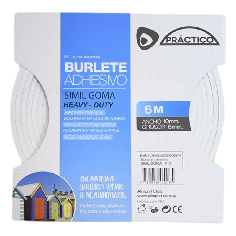 Burlete Adhesivo Símil Goma Blanco Práctico 6 10 6 Mm
