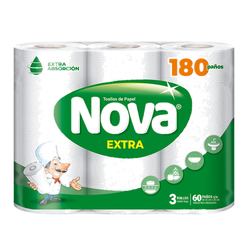 Toallas De Papel Nova Extra 180 Paños 3 Unidades