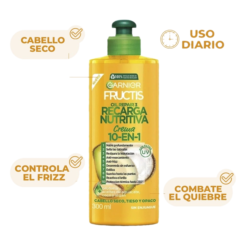 Garnier Fructis Crema Para Peinar 10 En 1 Recarga Nutritiva 300 Ml