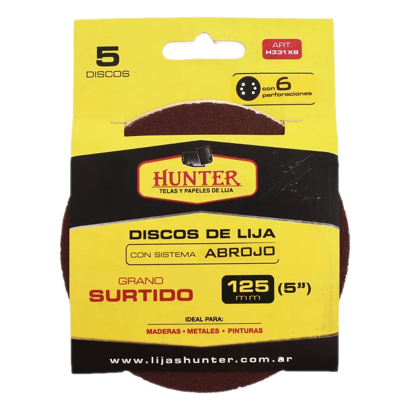 Pack De 5 Discos De Lija Para Madera Y Metal Con Velcro 125 Mm Grano Medio Hunter