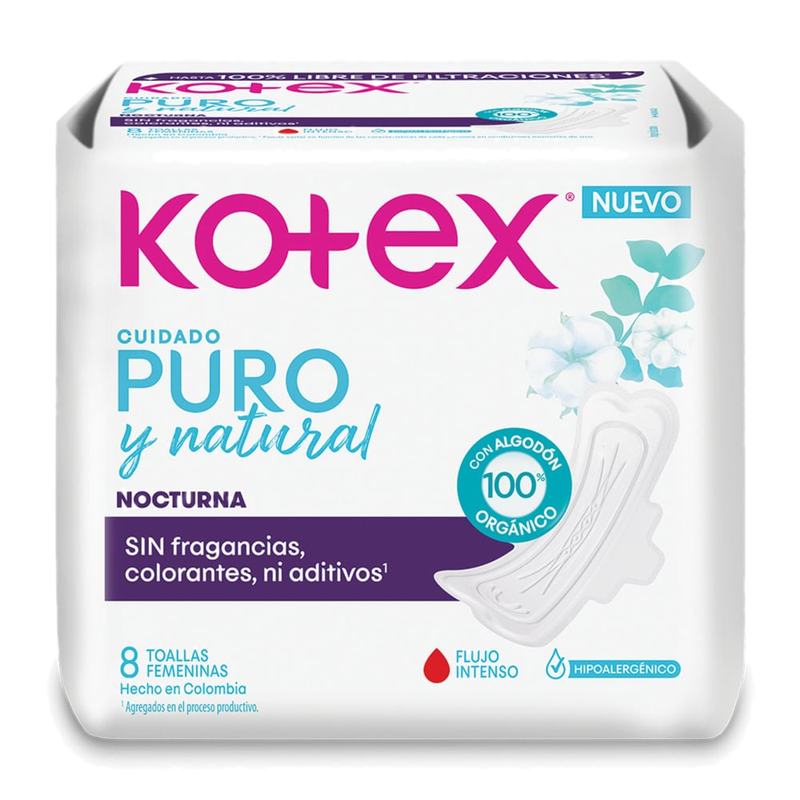 Toallitas Femeninas Nocturna Kotex Puro Y Natural 8 Unidades