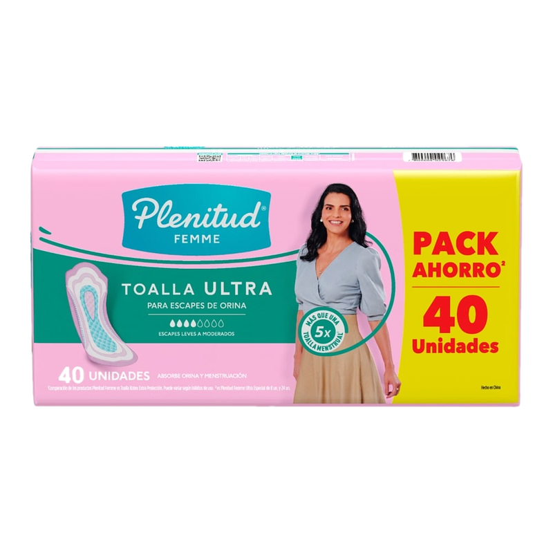 Toallas Para Incontinencia Plenitud Femme Ultra Sin Alas 40 Unidades
