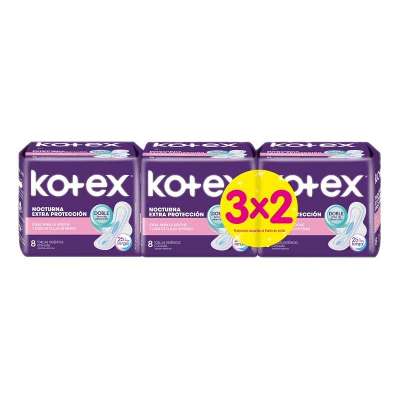 Toallitas Femeninas Kotex Nocturna 8 Unidades 3x2