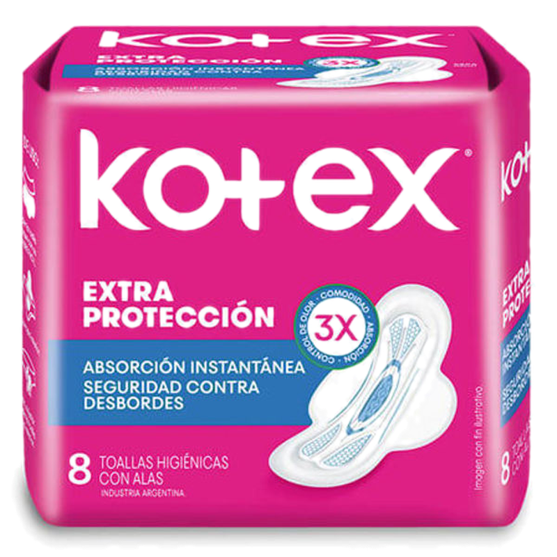 Kotex Toalla Extra Proteccion Con Alas 8 Unidades