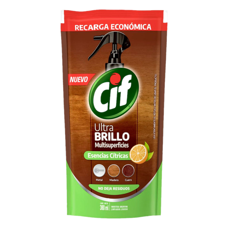 Lustramuebles Cif Ultra Brillo Anti Polvo Cítrico Recarga 380 Ml