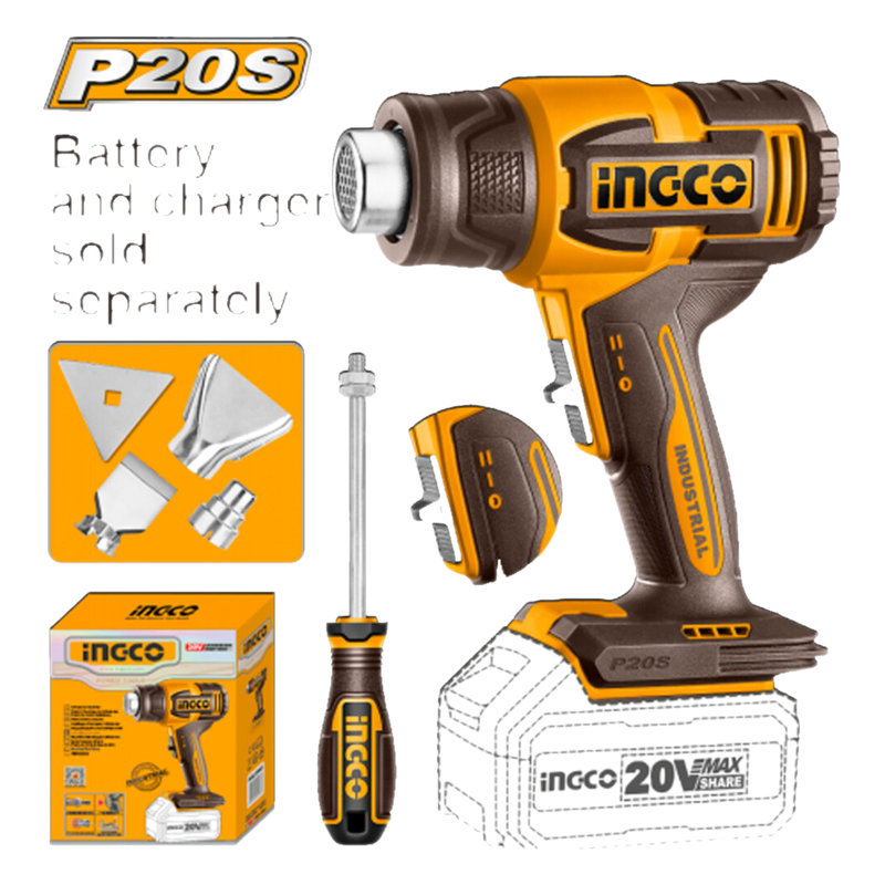 Pistola De Calor A Batería P20s 20v Con Accesorios S/bat Y S/carg Ingco Hgli2006