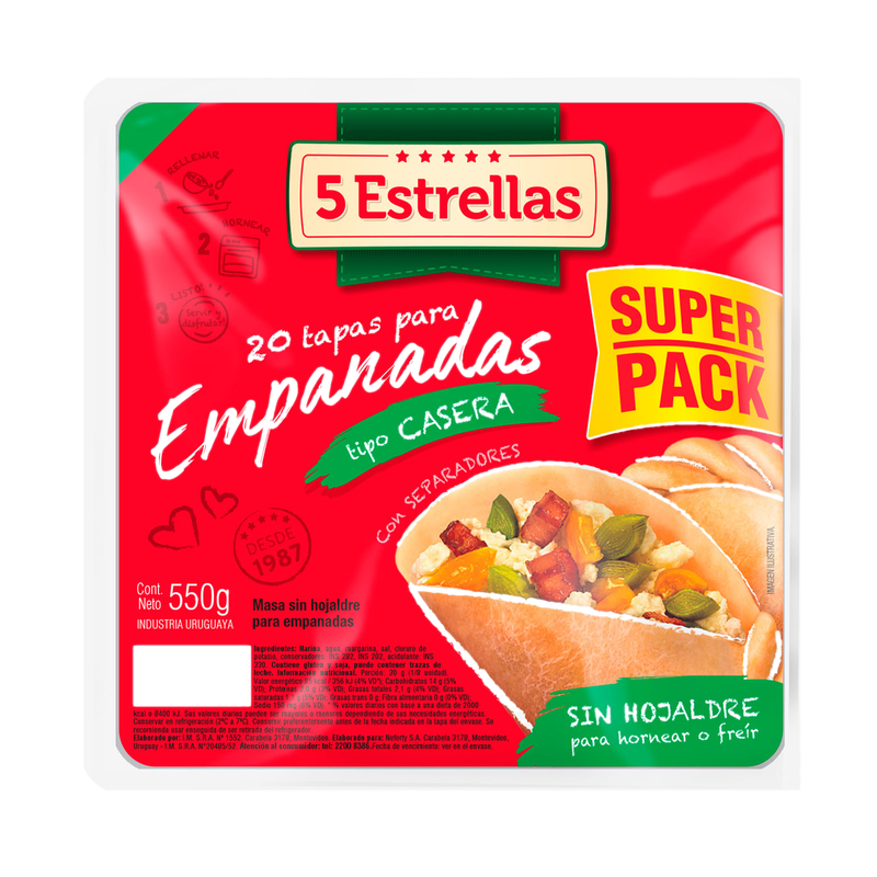 Tapas Para Empanadas Tipo Caseras 5 Estrellas 20 Unidades 550 G