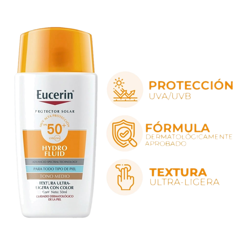 Protector Solar Eucerin Sun Hydro Fluid Con Color Tono Medio Fps50+ 50 Ml