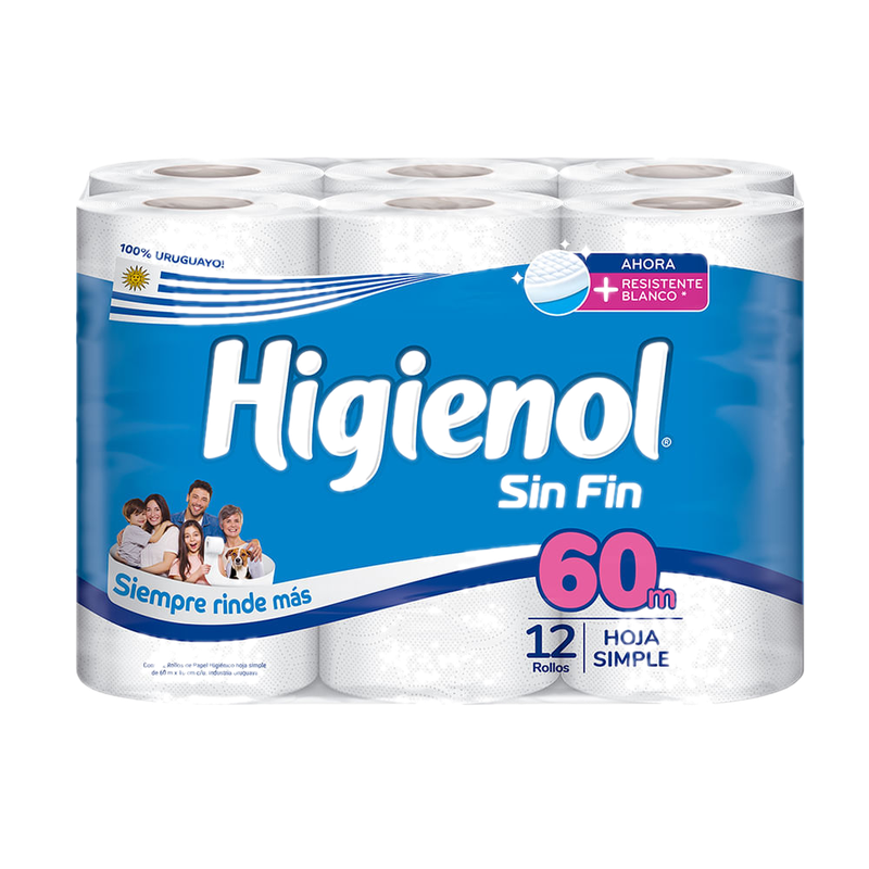 Papel Higiénico Higienol Sin Fin Hoja Simple 60 Mts 12 Unidades