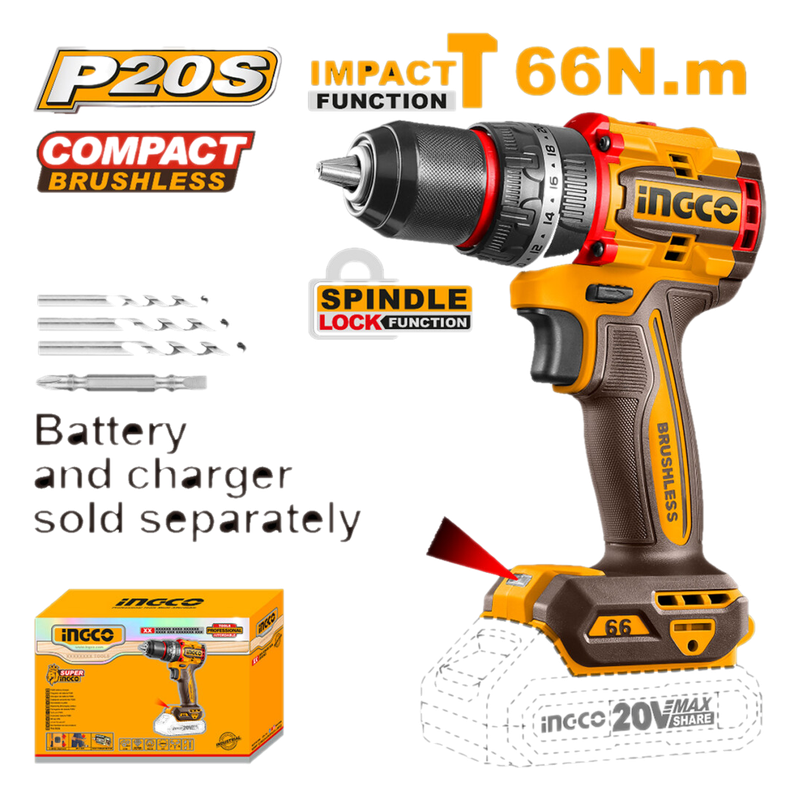 Taladro Atornillador C/percutor A Bateria 13mm 20v P20s Brushless Cidli206681 Ingco