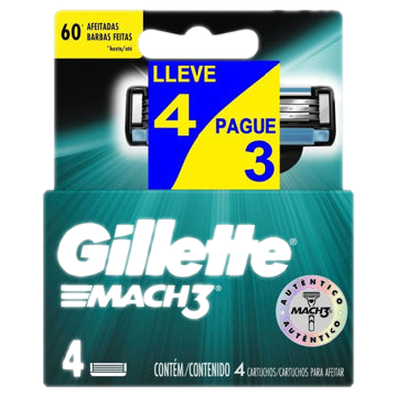 Gillette Mach 3 Repuesto Cartucho 4 Unidades X 3***
