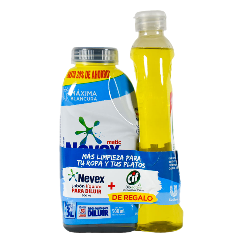 Jabón Líquido Nevex Para Diluir 500 Ml + Detergente Cif Bioactive 300 Ml