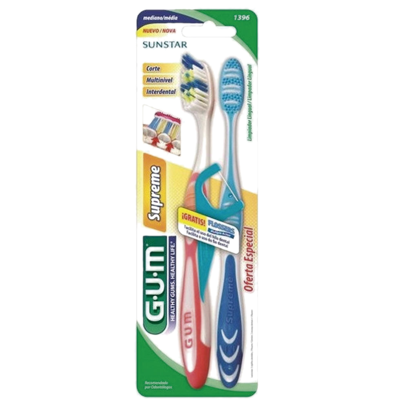 Cepillo Dental Gum Supreme Normal Con Limpiador Lingual 2 Unidades