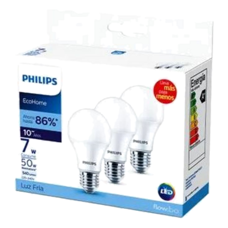 Lámpara Led Philips Ecohome 7w E27 6500khv Luz Fría Tripack 3 Unidades