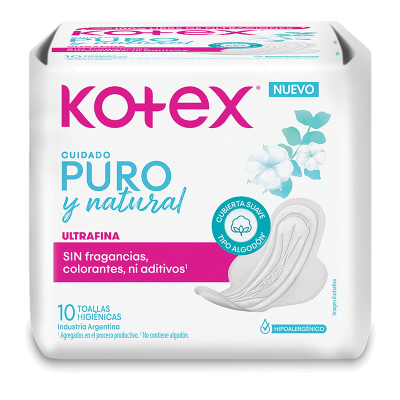 Toallitas Femeninas Kotex Ultra Fina Puro Y Natural 10 Unidades
