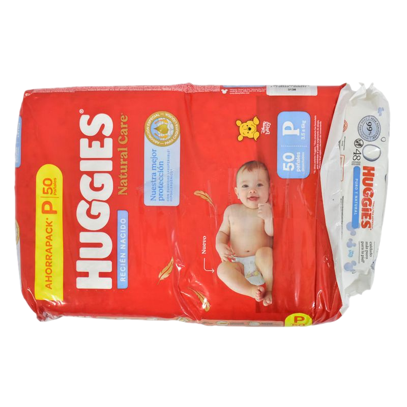 Pañal Huggies Natural Care P 50 Unidades + Toallas Húmedas