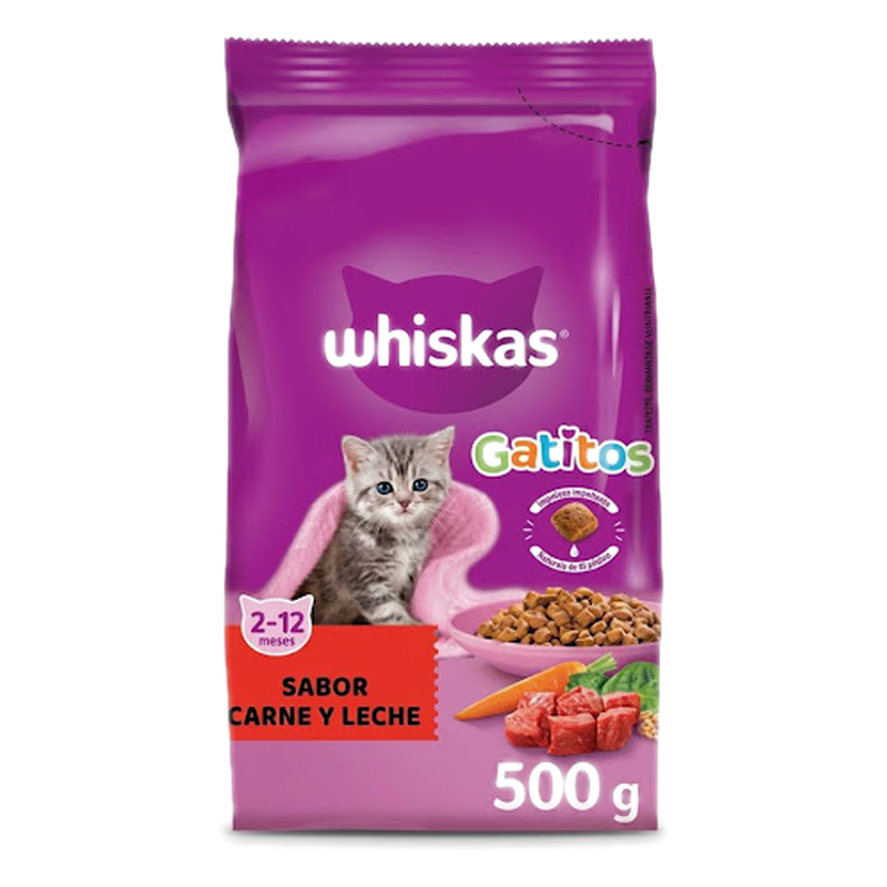 Alimento Para Gatos Sabor Carne Y Leche De 2 A 12 Meses Whiskas 500 G