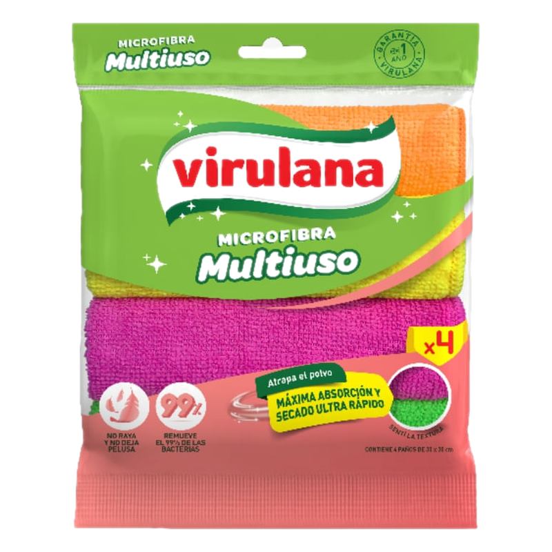 Paño De Microfibra Virulana Multiuso 30x30cm 4 Unidades