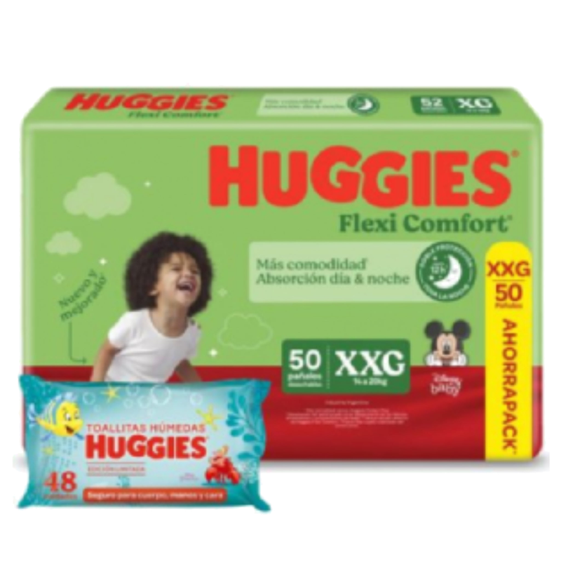 Pañal Huggies Flexi Comfort Xxg 50 Unidades + Toallitas Humedas 48 Unidades