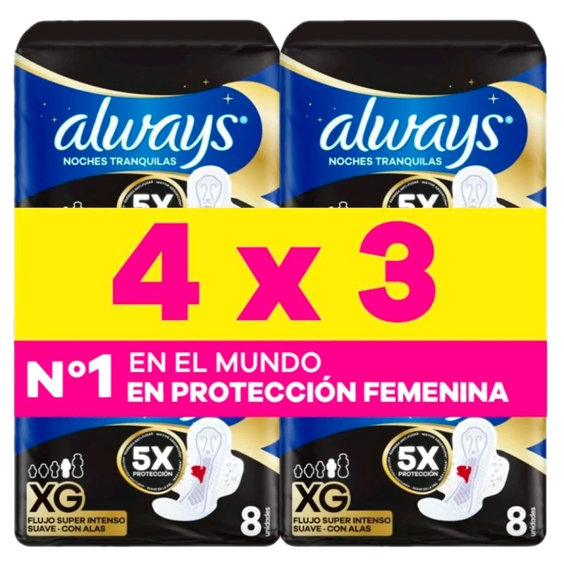 Pack 4 X 3 Toalla Femenina Always Noche Suave 8 Unidades