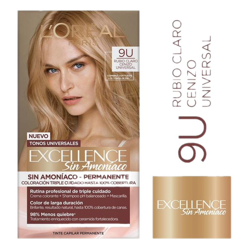 Tinta Excellence L'oréal París Sin Amoníaco 9 Unidades Rubio Claro Cenizo Universal